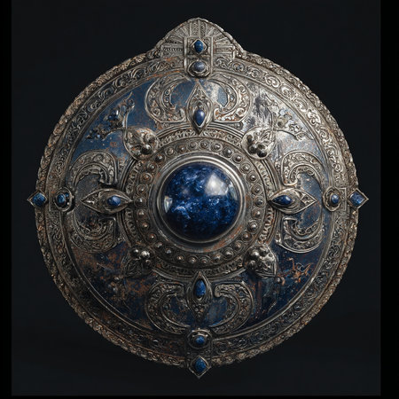 Medieval shield with blue planet in the center. 3d renderの素材