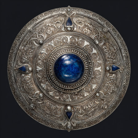 Antique metal round shield with blue planet isolated on black background.の素材