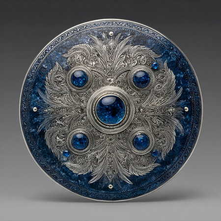 Round metal shield with a blue pattern on a gray background. 3d renderingの素材