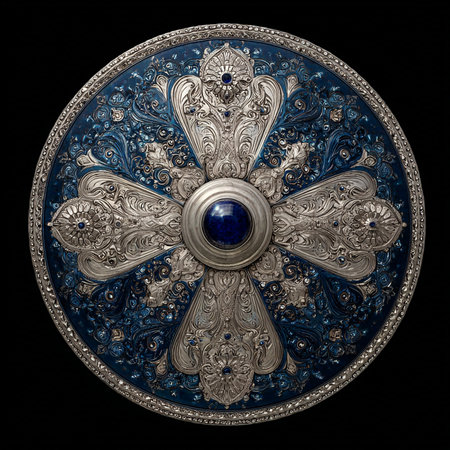 Circle shield with blue ornament. 3d rendering. Computer digital drawing.の素材