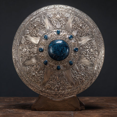 Antique metal gong with blue glass on a wooden table.の素材