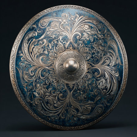 Vintage round metal shield on a dark background. 3d renderの素材