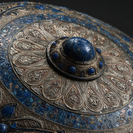 Antique metal bowl with ornament on dark background. Close-up.の素材
