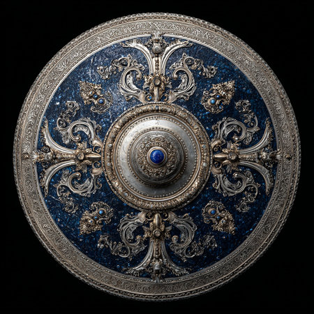 Luxury metal plate with ornament. Isolated on black backgroundの素材