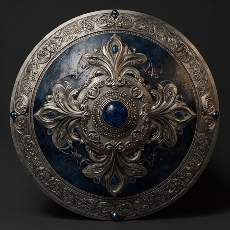Medieval round shield with floral ornament on a dark background. 3d renderの素材