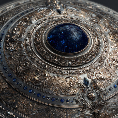 Antique silver bowl with blue glass on black background. Close up.の素材