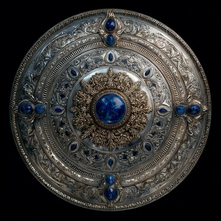 Antique metal plate with blue ornament. Isolated on black background.の素材
