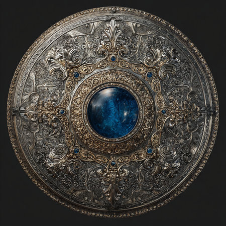 Ancient round metal plate with ornament on dark background. 3d illustrationの素材