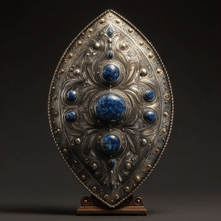 Vintage silver plate with precious stones on a dark background. 3d renderingの素材