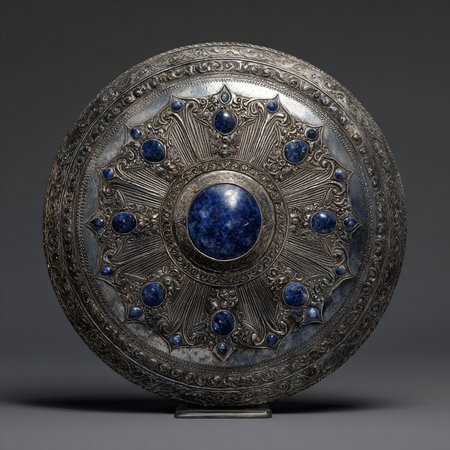 Antique round metal vase with blue gemstone on gray backgroundの素材