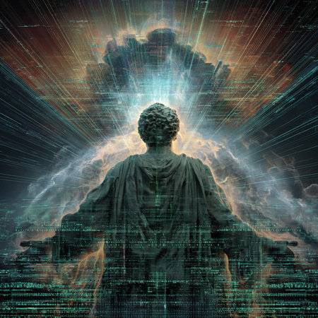 Buddha statue with binary code and cloud. 3D renderingの素材