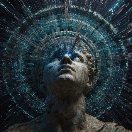 3d rendering of a statue of a man in space surrounded by starsの素材