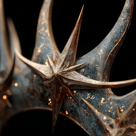 Macro shot of the details of a medieval sword. Black background.の素材