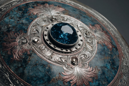 Blue sapphire gemstone on a silver tray, close upの素材