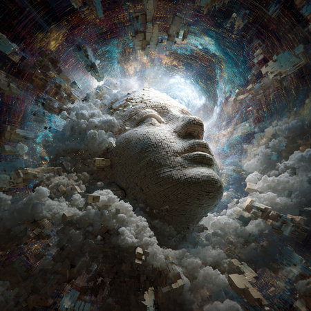 3D rendering of the head of a man surrounded by clouds.の素材