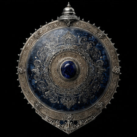 Antique round shield on a black background. 3d illustration.の素材