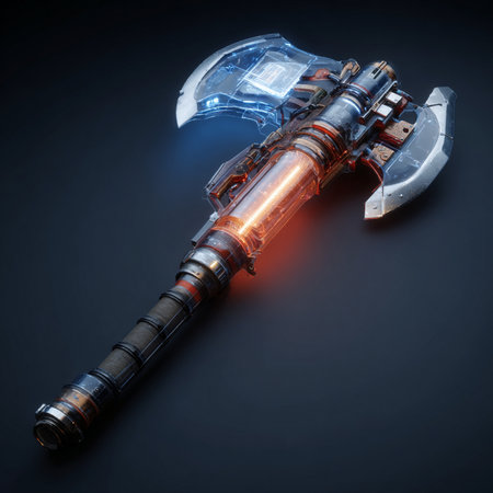 Futuristic battle ax on a dark background. 3d renderingの素材