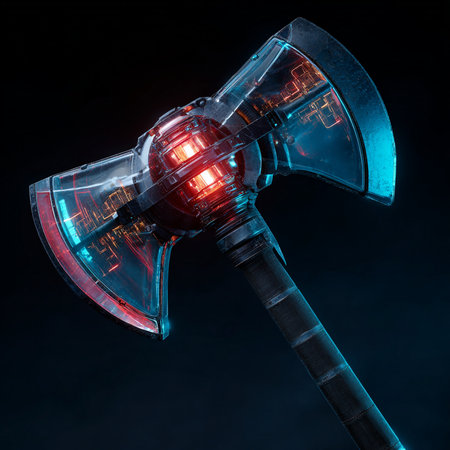 Ax on a black background. 3D rendering. Neon light.の素材