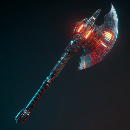 3D rendering of an old battle ax isolated on a dark backgroundの素材