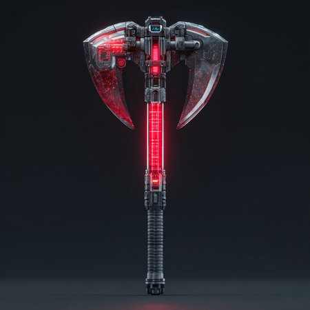 Futuristic battle ax with red neon light. 3d renderingの素材