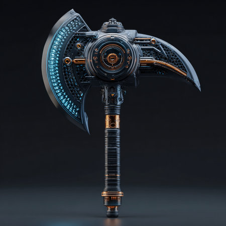 Medieval battle ax on a dark background. 3d illustration.の素材