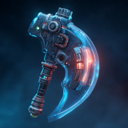 3D rendering of a futuristic robot with a blue glow on a dark backgroundの素材