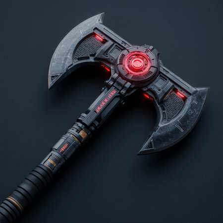 3d rendering of a black ax on a black background with red lightの素材