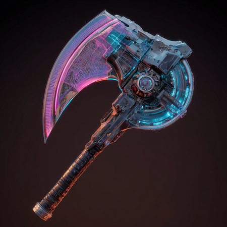 3d rendering of an ax on a dark background with neon lightsの素材