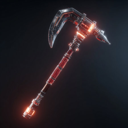 Digital illustration of an ice ax on black background. 3d renderingの素材