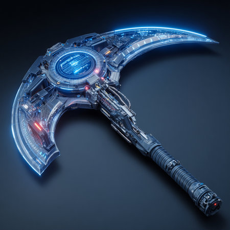 3D rendering of a robot with blue neon lights on a black backgroundの素材