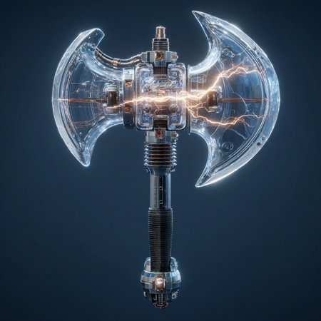 Vintage battle ax with lightning effect on dark background. 3D renderingの素材