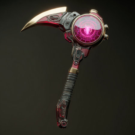 Futuristic ax with a red glow on a black background. 3d renderingの素材