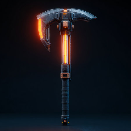 3d render of an ax with red neon light on a dark backgroundの素材