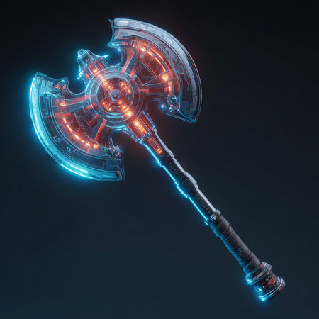 3d rendering of an ax on a dark background with neon lightsの素材