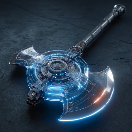 Ax with blue light on dark background. 3D Renderingの素材