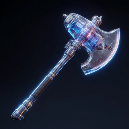 Ax glowing in the dark. 3D illustrations. Isolated on black.の素材