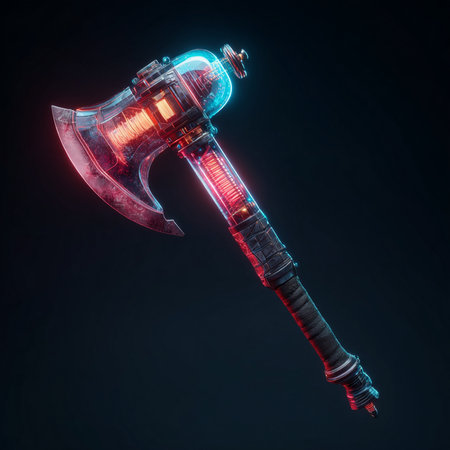 Vintage battle ax isolated on black background. 3D rendering.の素材