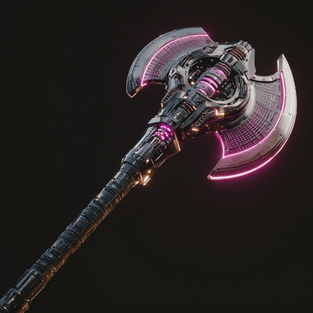 Futuristic battle ax on a black background. 3d renderingの素材