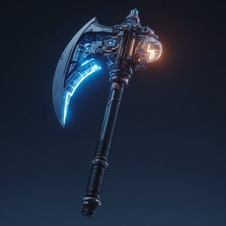 Highly rendering of a scythe against a dark blue backgroundの素材