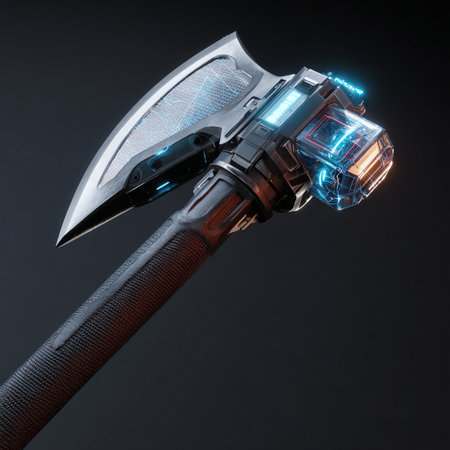 3d rendering of a metal ax on a black background with neon lightの素材