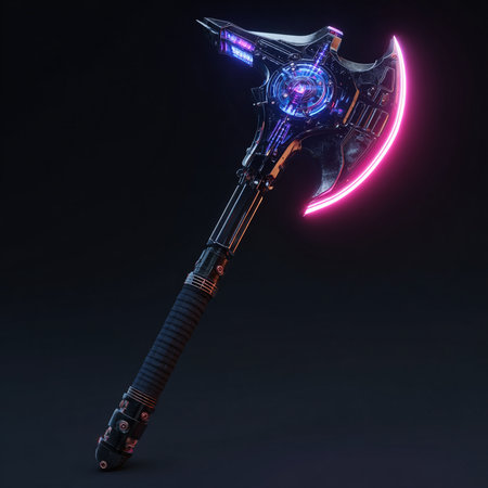 Futuristic battle ax on black background with neon lights. 3d renderingの素材