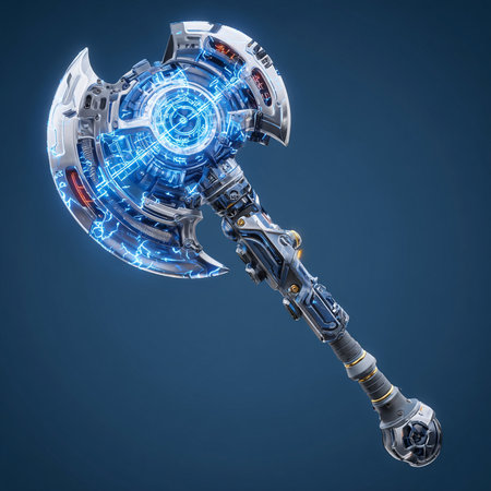 3d rendering of a robot holding an ax on a blue backgroundの素材