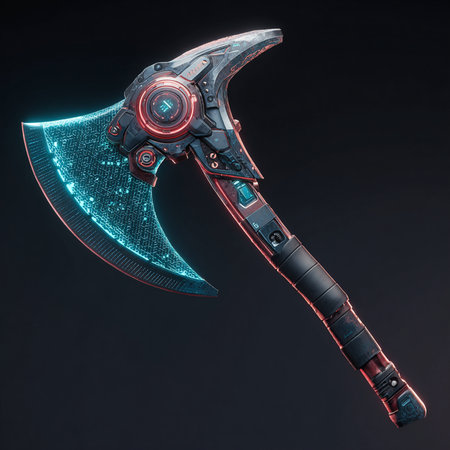 3D rendering of a metal ax with a blue neon glow on a black backgroundの素材