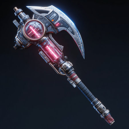 3D CG rendering of cyber warrior with helmet and scytheの素材