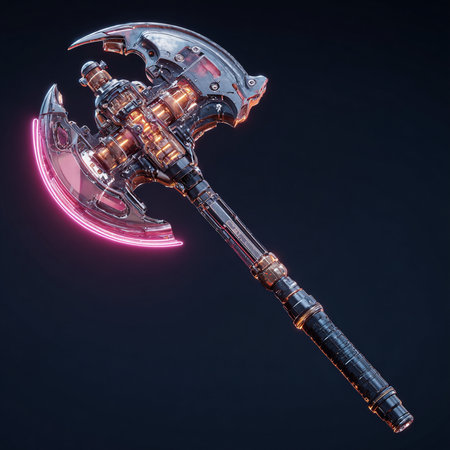 Futuristic battle ax isolated on black background. 3d renderingの素材
