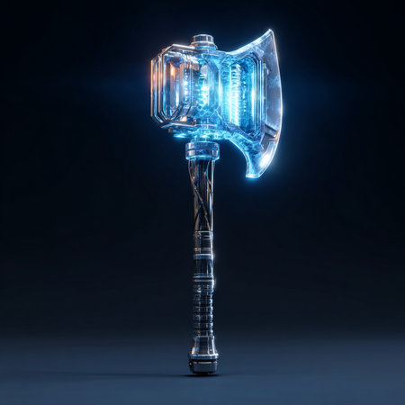 Digital illustration of an ax in blue light on a dark background.の素材