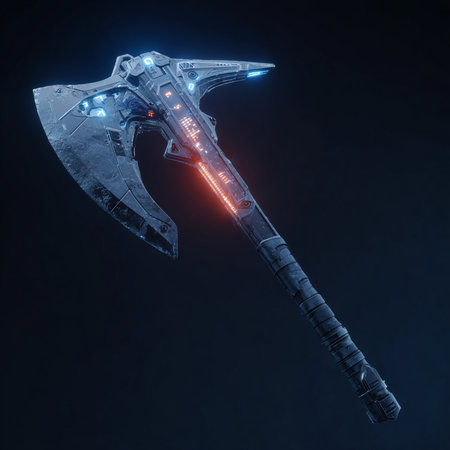 Futuristic blue ax on a dark background. 3d renderingの素材