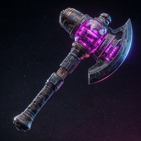 3D rendering of an ancient battle ax on a dark background.の素材