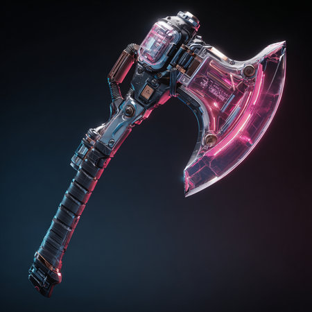 3d rendering of a robot holding an ax on a dark backgroundの素材