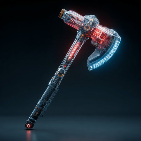Futuristic robot with red neon light on dark background. 3D renderingの素材